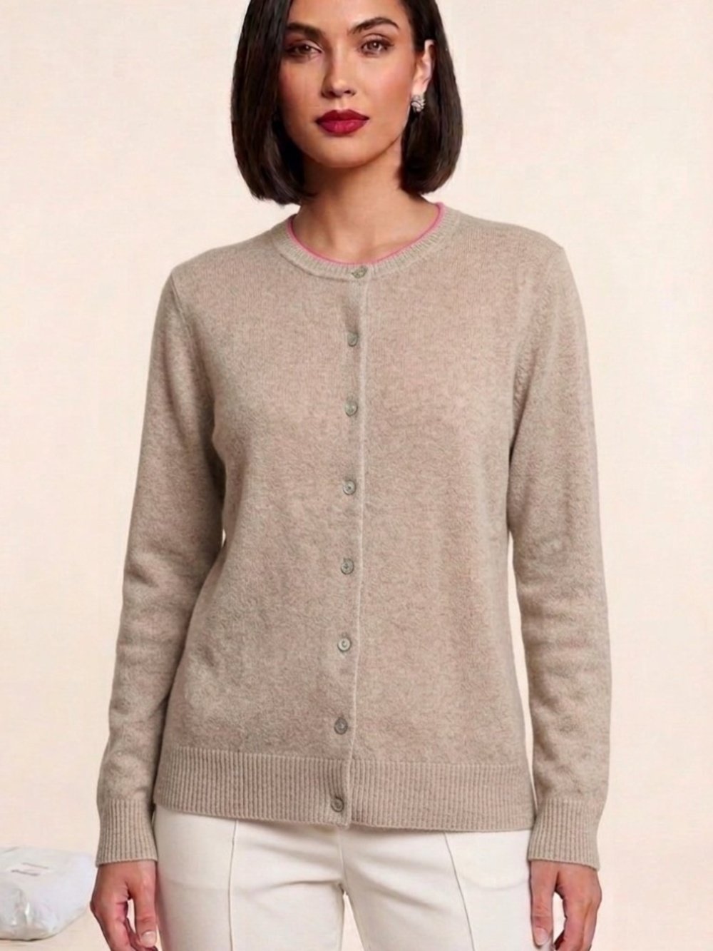 Isaac Mizrahi 100% Cashmere Button Front Cardigan Oatmeal Heather